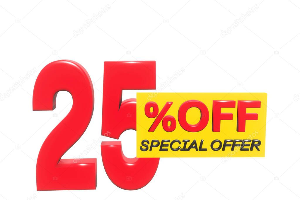 25 percent off 3D illustration in red with white background with special offer sign and copy space