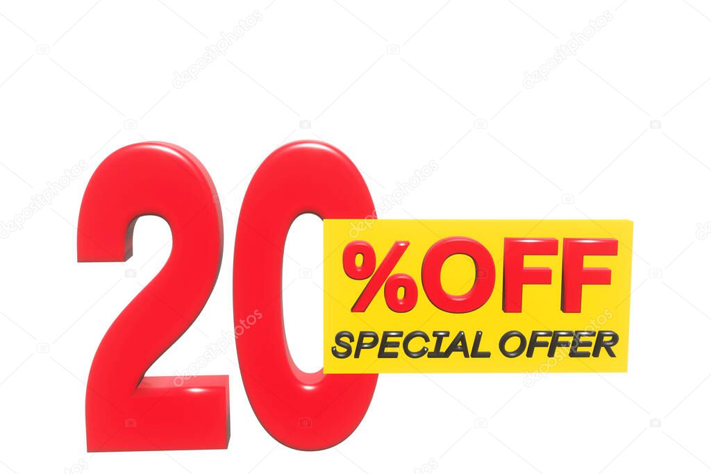 20 percent off 3D illustration in red with white background with special offer sign and copy space