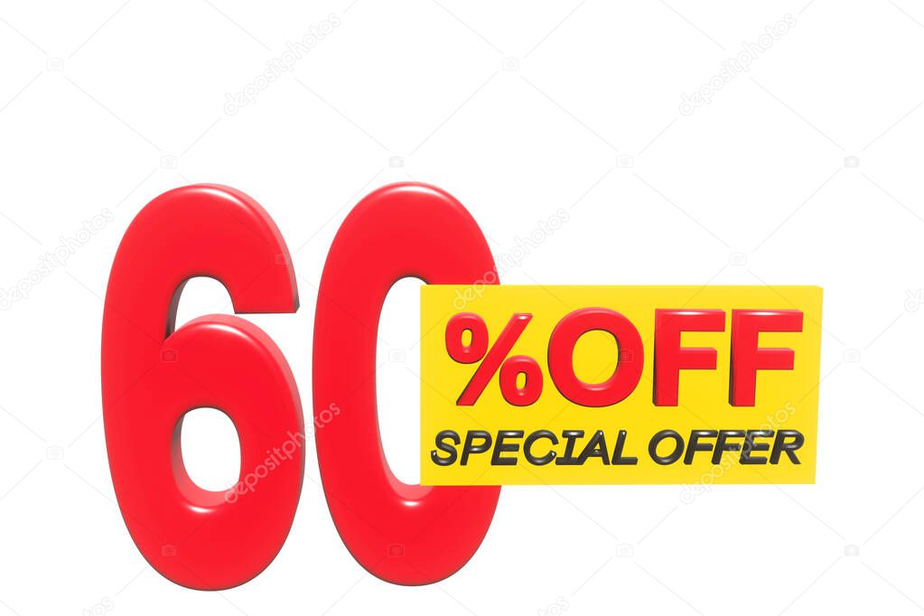 60 percent off 3D illustration in red with white background with special offer sign and copy space