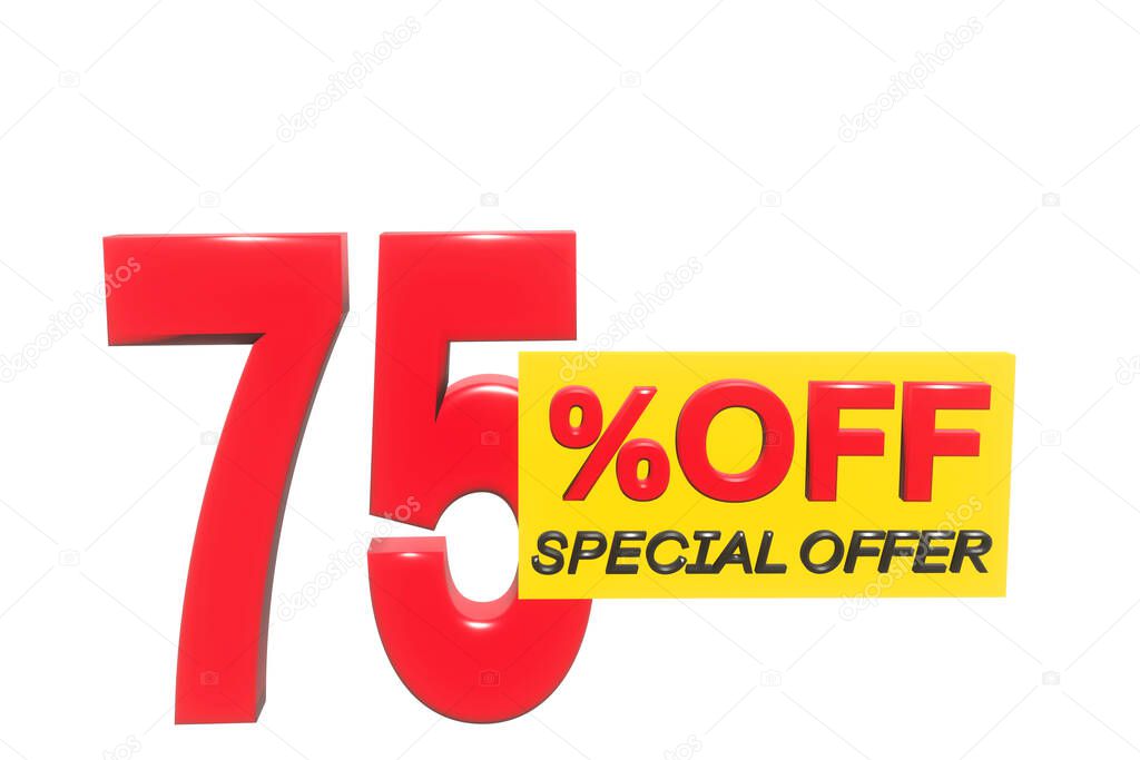 75 percent off 3D illustration in red with white background with special offer sign and copy space