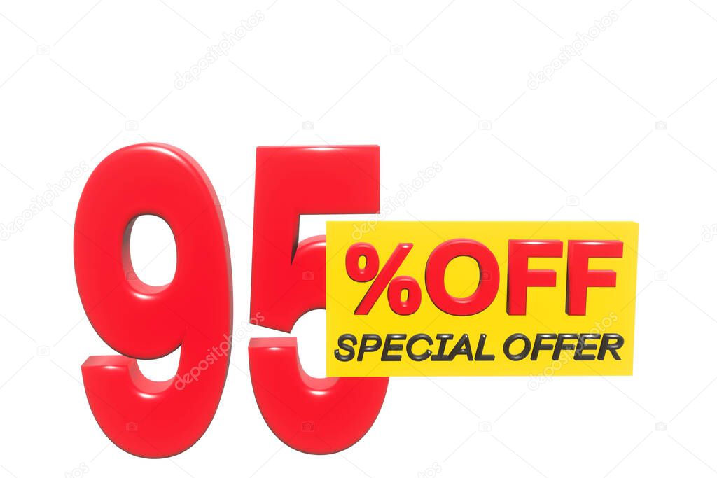 95 percent off 3D illustration in red with white background with special offer sign and copy space