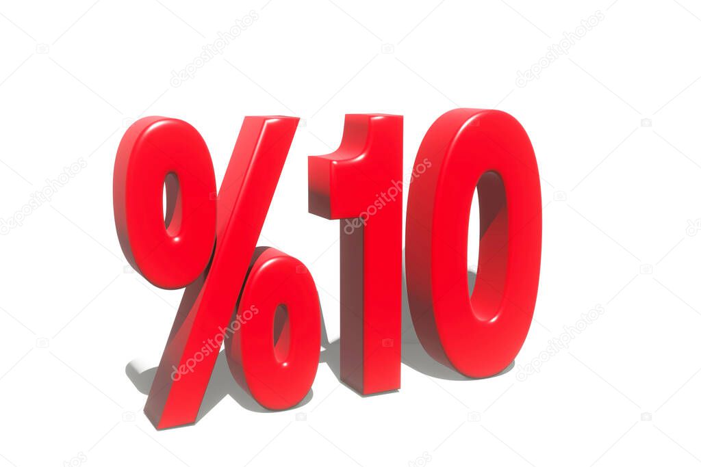 illustration of 10 percent discount in 3D illustration red color with white background and copy space