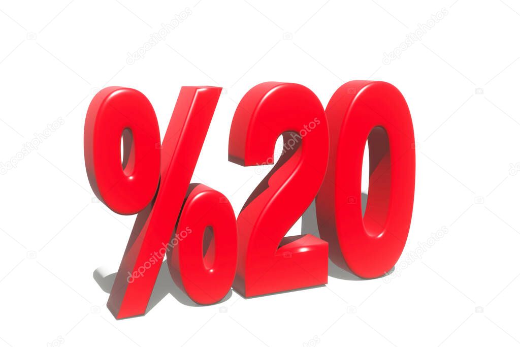 illustration of 20 percent discount in 3D illustration red color with white background and copy space