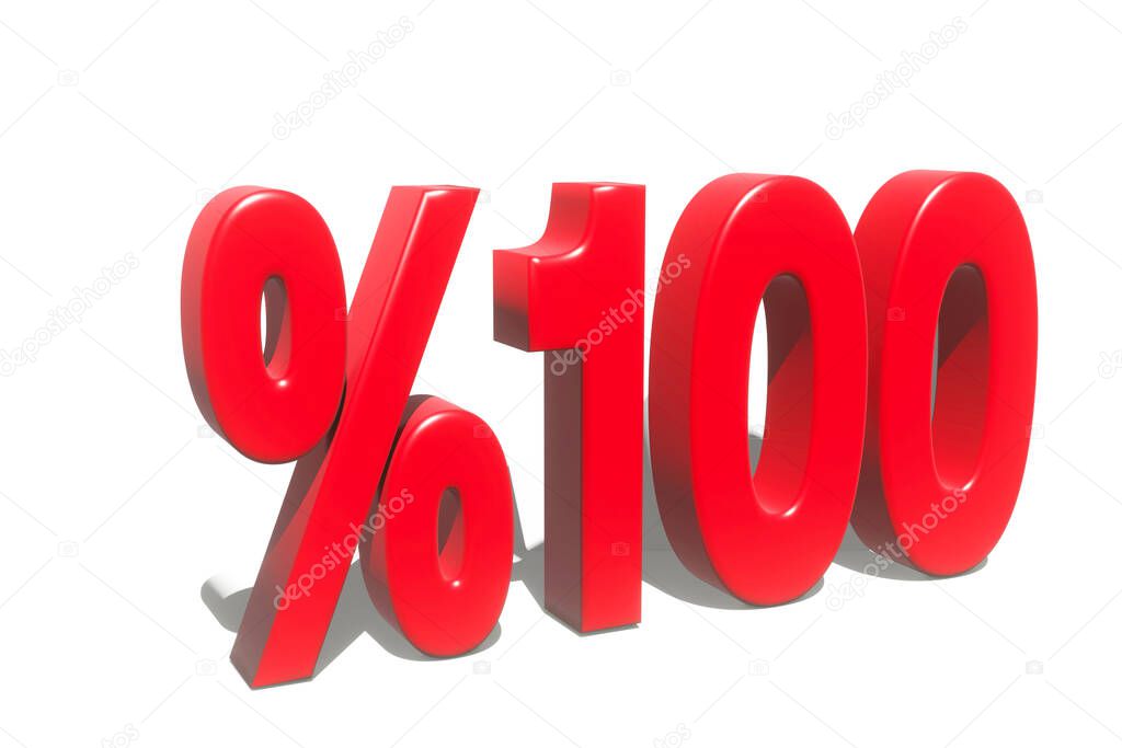illustration of 100 percent discount in 3D illustration red color with white background and copy space