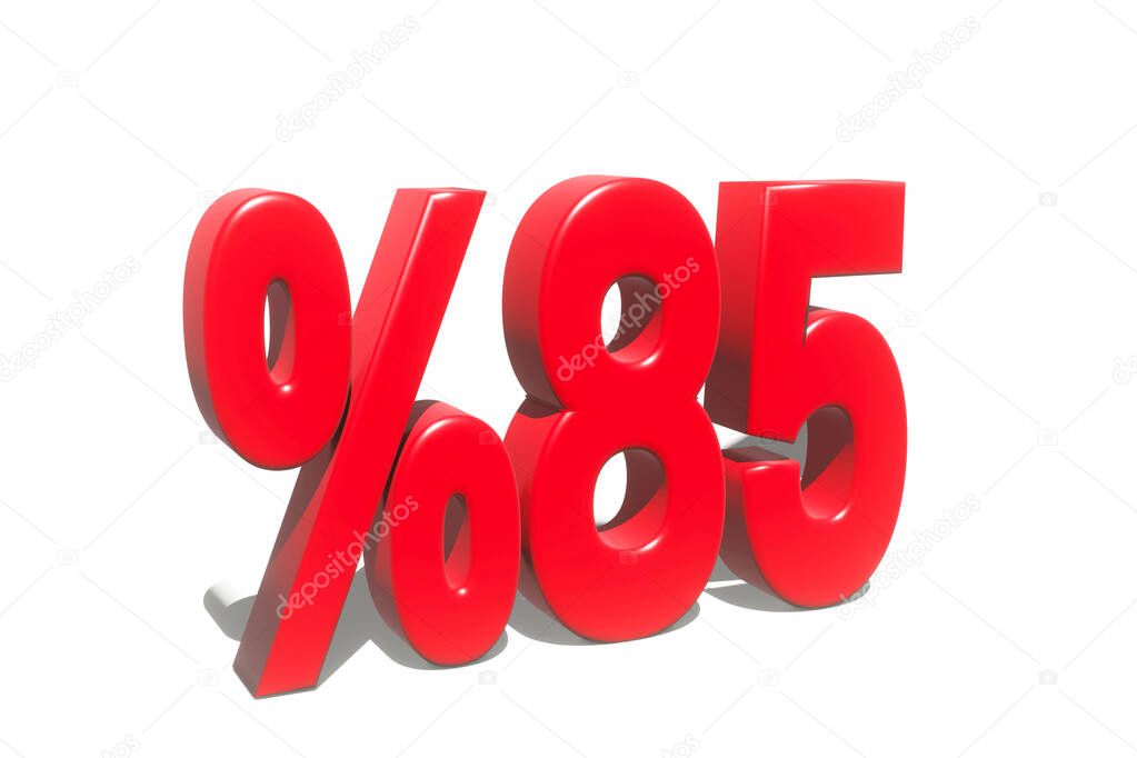 illustration of 85 percent discount in 3D illustration red color with white background and copy space