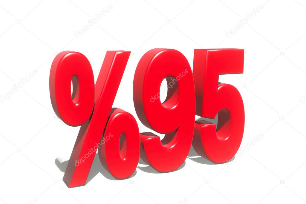 illustration of 95 percent discount in 3D illustration red color with white background and copy space
