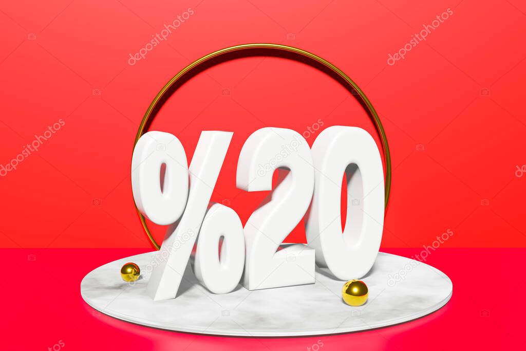 illustration of 20 percent discount in 3D illustration white color with red background and copy space