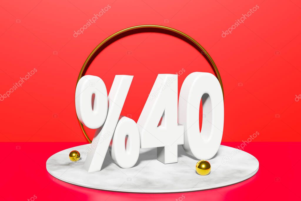 illustration of 40 percent discount in 3D illustration white color with red background and copy space