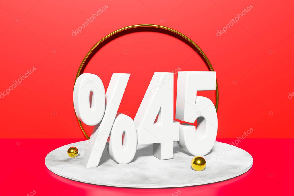 illustration of 45 percent discount in 3D illustration white color with red background and copy space