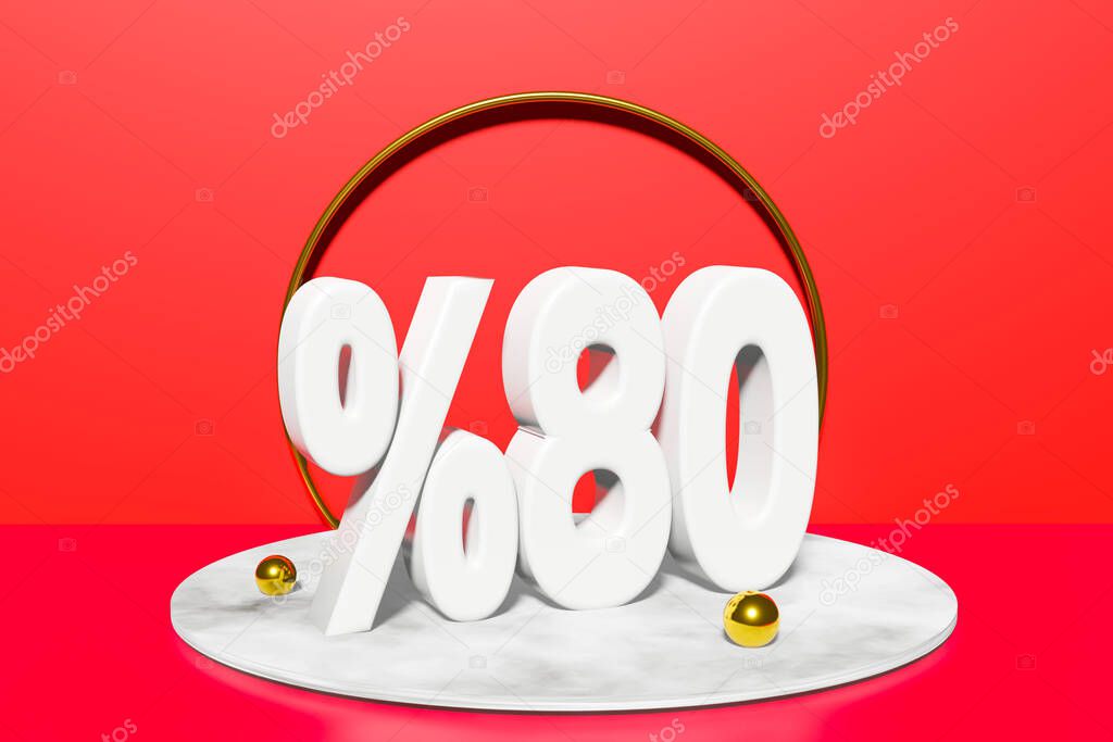 illustration of 80 percent discount in 3D illustration white color with red background and copy space
