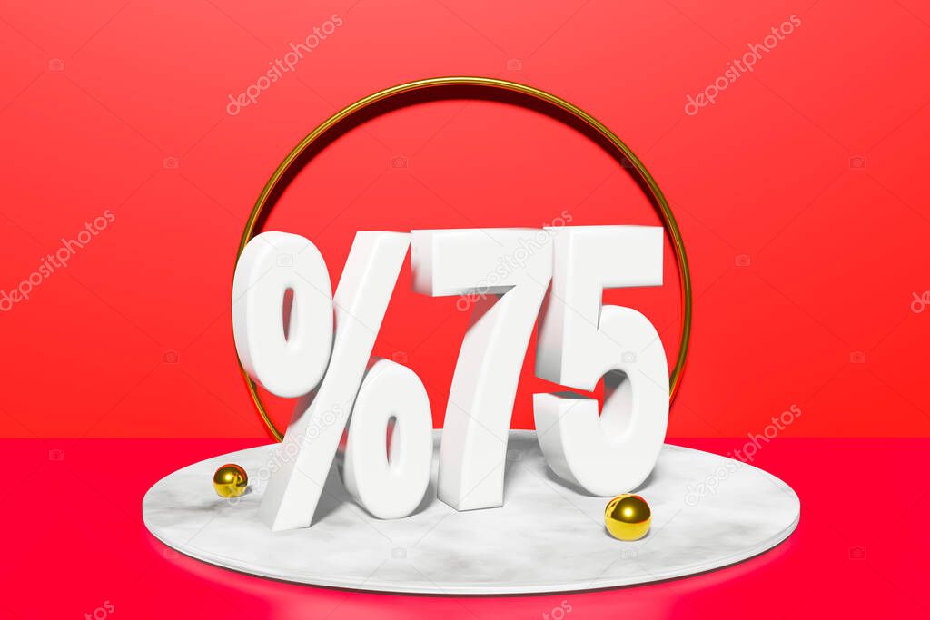 illustration of 75 percent discount in 3D illustration white color with red background and copy space
