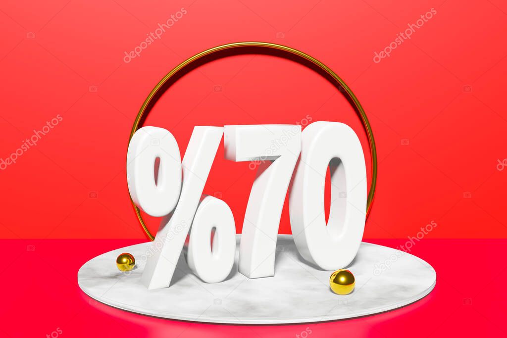 illustration of 70 percent discount in 3D illustration white color with red background and copy space