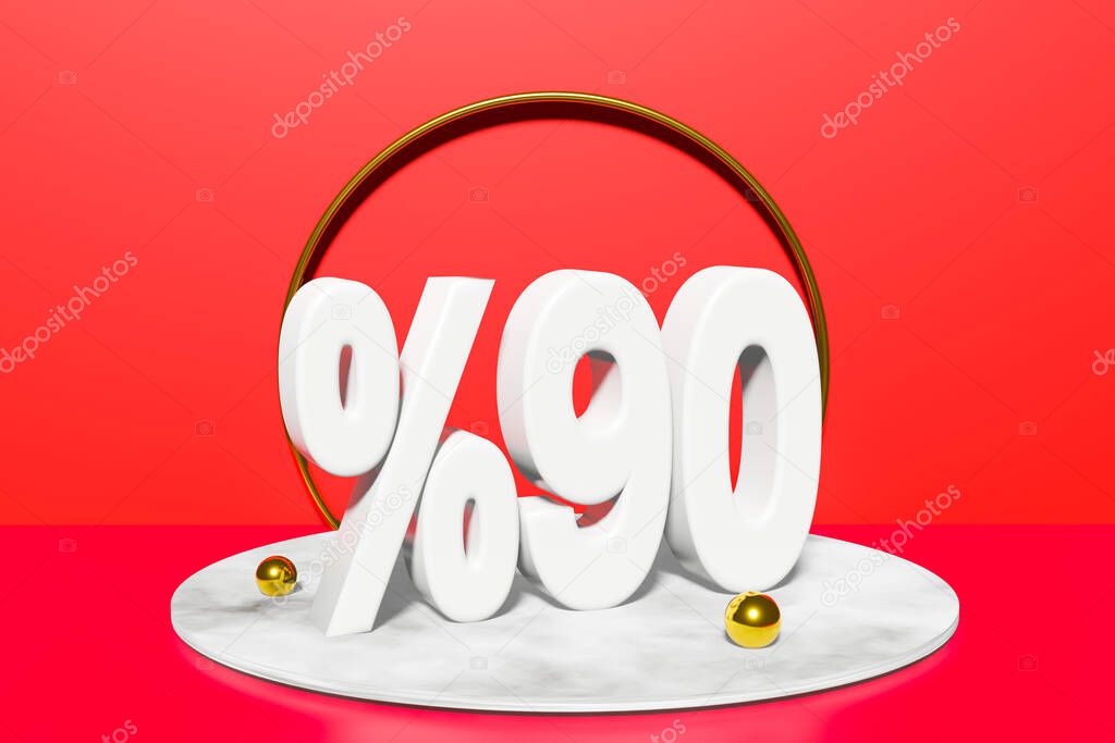illustration of 90 percent discount in 3D illustration white color with red background and copy space