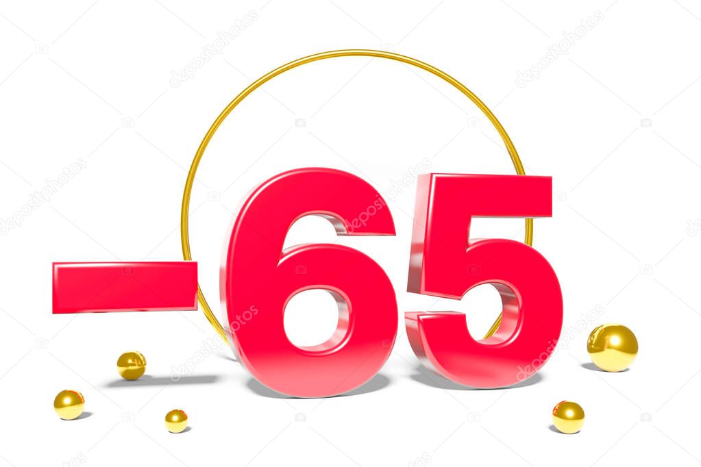 illustration of 65 percent discount in 3D illustration red color with white background and copy space