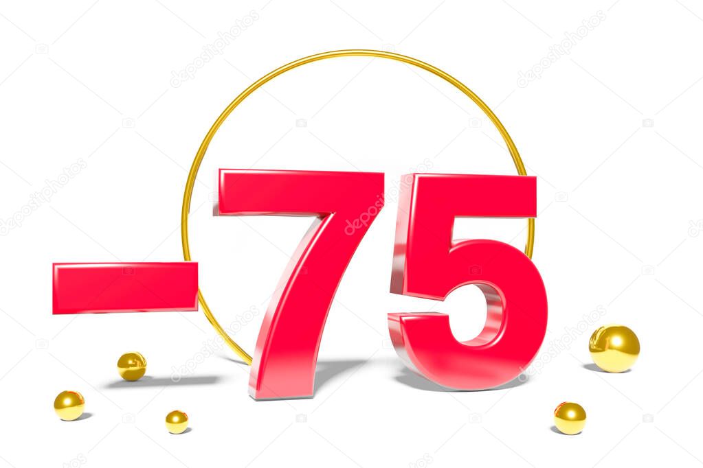 illustration of 75 percent discount in 3D illustration red color with white background and copy space