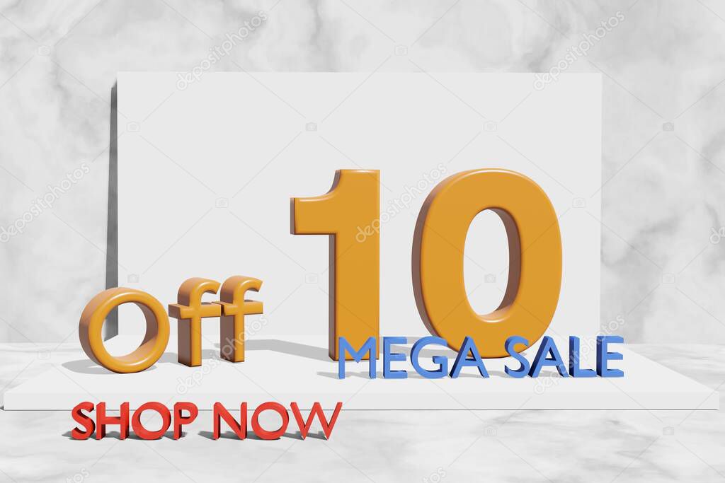 illustration of mega sale with 10 percent off in orange color 3D illustration with marble background and copy space
