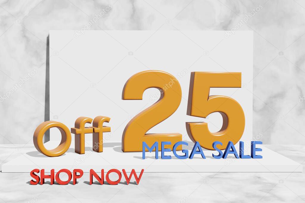 illustration of mega sale with 25 percent off in orange color 3D illustration with marble background and copy space