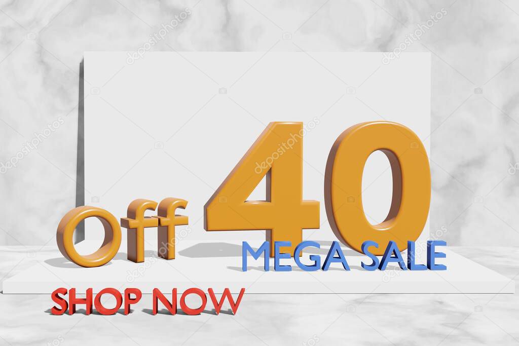 illustration of mega sale with 40 percent off in orange color 3D illustration with marble background and copy space