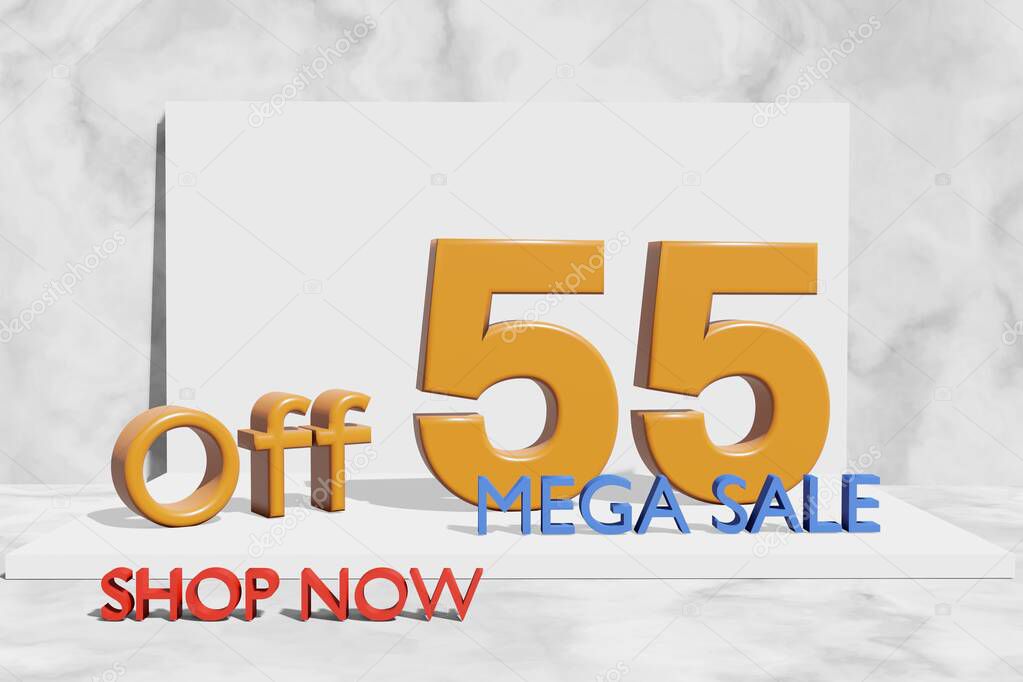 illustration of mega sale with 55 percent off in orange color 3D illustration with marble background and copy space