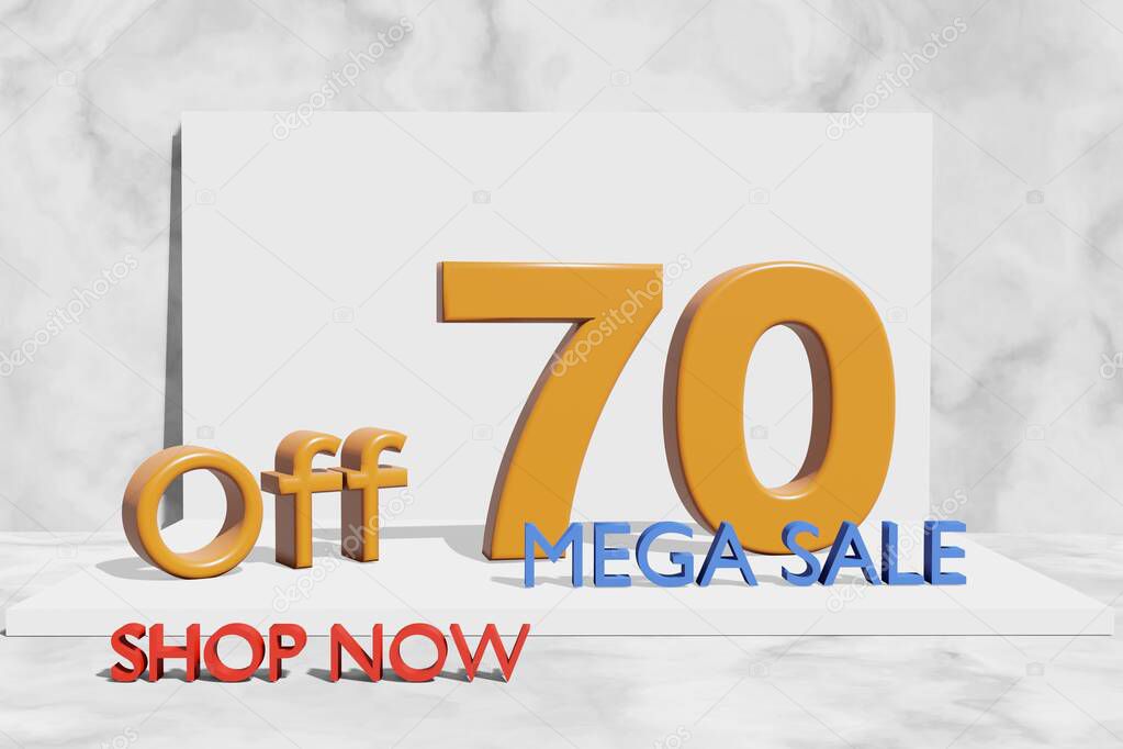 illustration of mega sale with 70 percent off in orange color 3D illustration with marble background and copy space