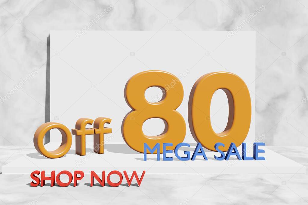 illustration of mega sale with 80 percent off in orange color 3D illustration with marble background and copy space