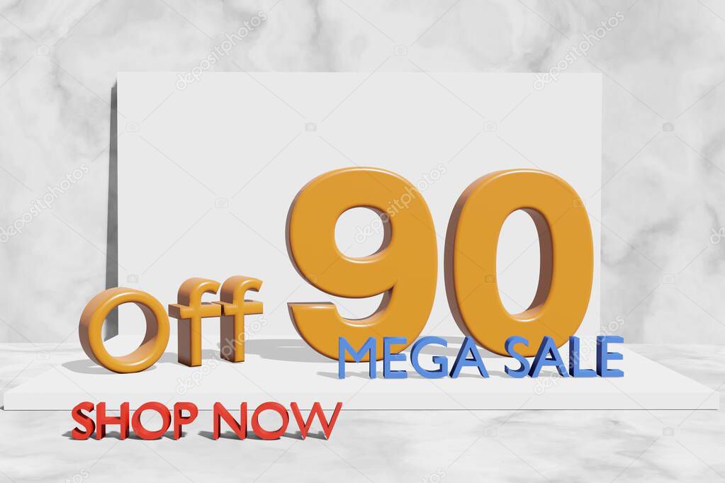 illustration of mega sale with 90 percent off in orange color 3D illustration with marble background and copy space
