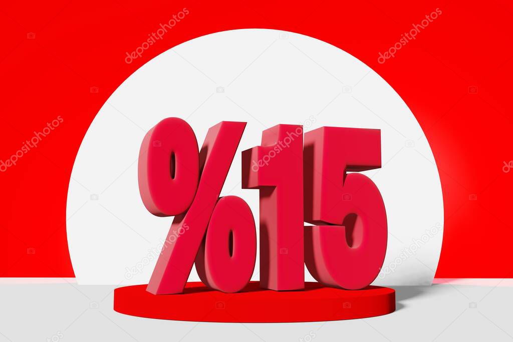 illustration of mega sale with 15 percent off in red color 3D illustration with red background and copy space