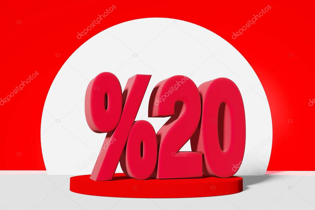 illustration of mega sale with 20 percent off in red color 3D illustration with red background and copy space