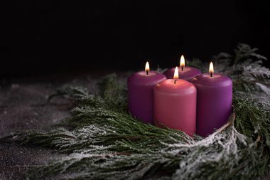 Karlı çelenk, koyu ahşap arka planda yanan dört mor renkli mum, Noel katolik geleneği..