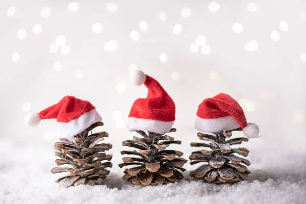 Tiga Kerucut Pinus Topi Santa Merah Seperti Pohon Natal Dengan — Stok Foto