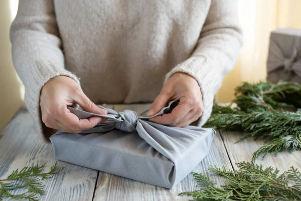 Eco Friendly Zero Waste Concept Female Hands Wrapping Christmas Present — Stok Foto
