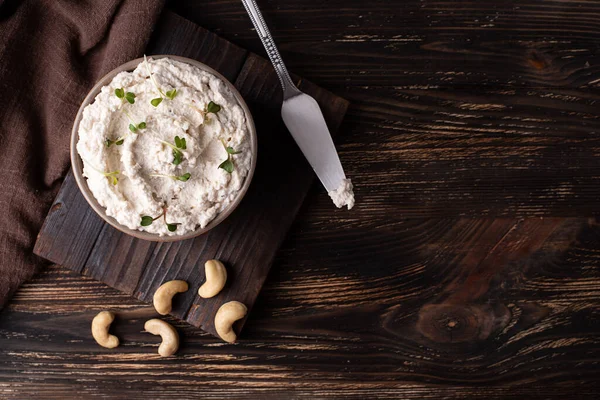 Vegan Cream Cheese Made Nuts Fermented Cashews Microgreens Dark Wooden — Stock Photo, Image