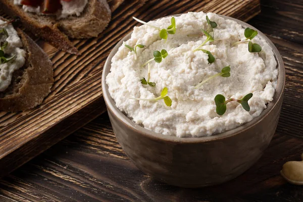 Close Cream Cheese Made Fermented Cashews Dark Wood Background Healthy — Stok Foto