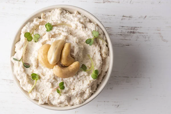 Homemade Vegan Cashew Cheese Bowl Nuts White Background Healthy Alternative — Stock Photo, Image