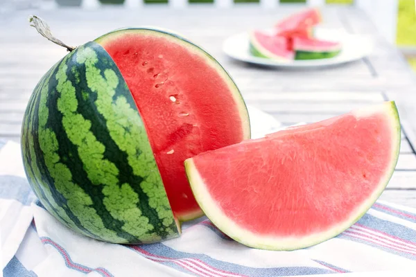 Close Striped Watermelon Slice Wood Table Outdoors Summer Concept — Stok Foto