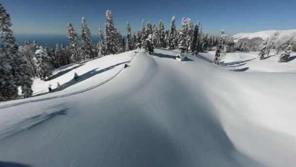 Luchtfoto sport FPV drone man extreme recreatie paardrijden sneeuwscooter op Abchazië Mamzishkha berg — Stockvideo