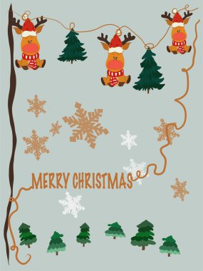 Yeşil ağaçlı ve geyikli Noel kartı.