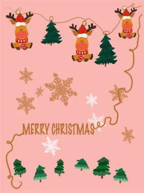 Yeşil ağaçlı ve geyikli Noel kartı.