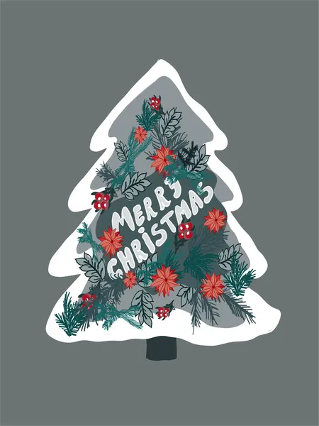 Nyårskort Med Ett Festligt Grönt Träd Nytt Och Jultema — Stock vektor
