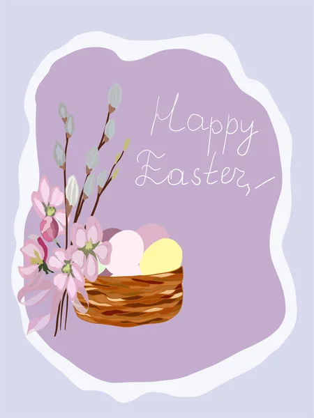Easter Greeting Card Willow Twig Easter Painted Eggs Basket — Stock Vector