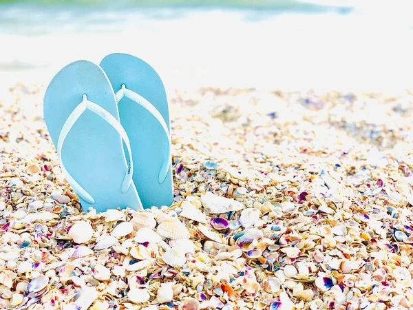 Estate Vacanze Spiaggia Sfondo Due Ciabatte Blu Sabbia Guscio Infradito — Foto Stock
