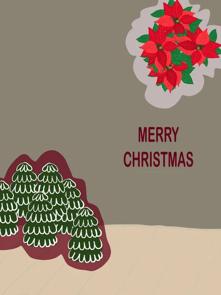 Christmas Composition Red Poinsettias Green Christmas Tree Gray Background Christmas — Stock vektor