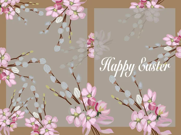 Happy Easter Greeting Card Branches Blossoming Fluffy Willow Willow Vintage — Stock Vector
