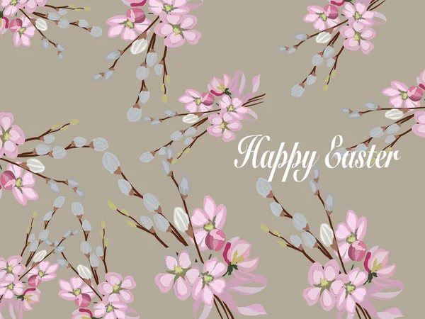 Happy Easter Greeting Card Willow Branches Vintage Brown Muted Tone — Stock Vector