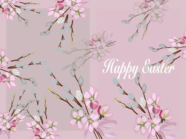 Happy Easter Greeting Card Willow Branches Vintage Pink Muted Tone — Stock Vector