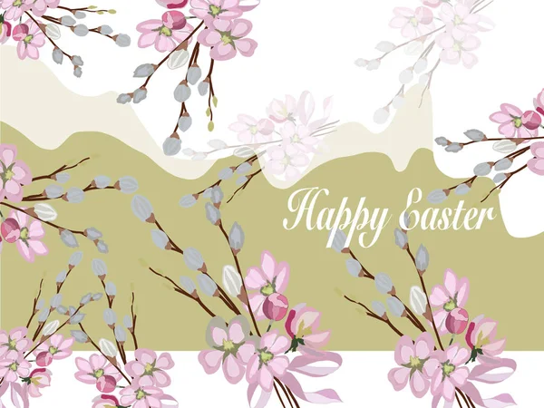 Happy Easter Greeting Card Willow Branches Vintage Pink Green Muted — Stock Vector