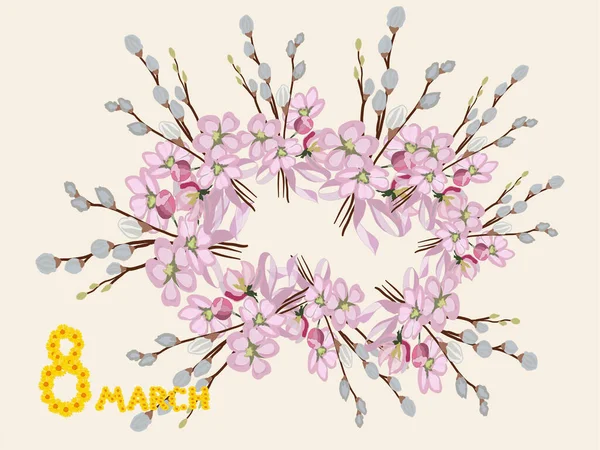 Mart Tatilli Klasik Vektör Kartı Güzel Pembe Çiçekler Sarı Çiçeklerden — Stok Vektör