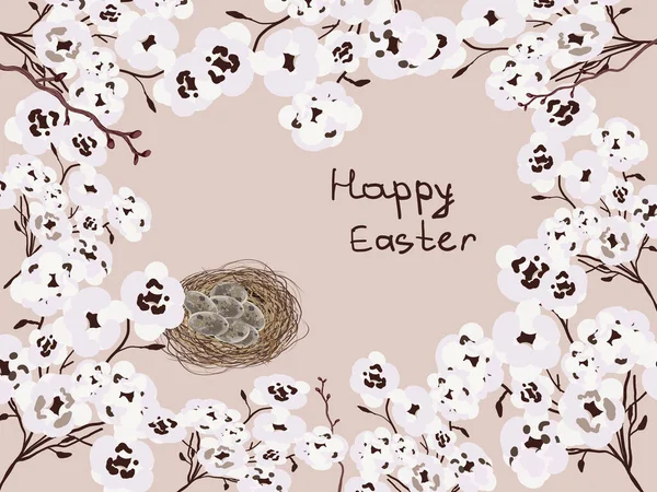 Happy Easter Greeting Card Beautiful Background White Flowers Vector Illustration — Vetor de Stock