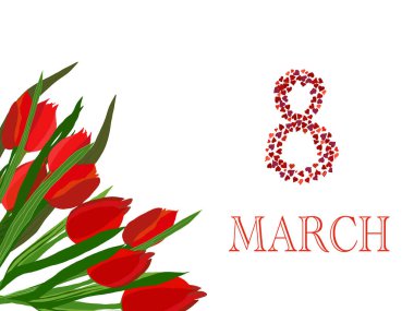 8 Mart 'ın kutlama kartı. Kırmızı lalelerin çiçek arkaplanı. Metnin için yer.