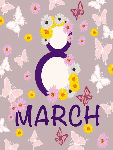 Renkli Tebrik Kartı Mart Uluslararası Kadınlar Günü Çok Renkli Çiçekler — Stok Vektör